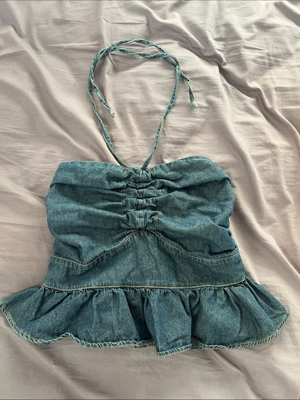 Denim Halter Ruffle Peplum Top - Blue - Picture 1 of 6